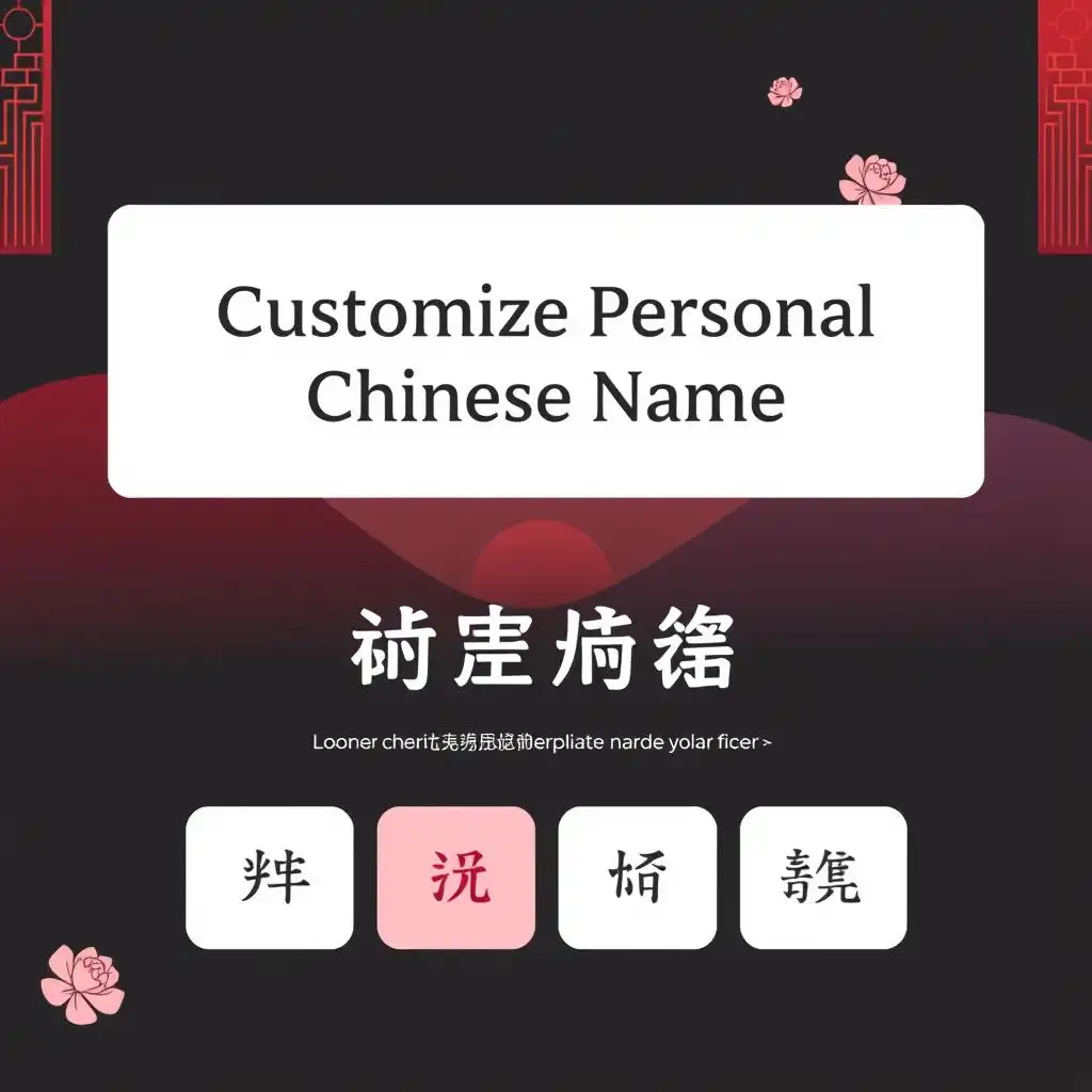 A flower design floats on the poster, with a bold line in the center that reads “Customize Personal Chinese Name”. A flower design floats on the poster, with a bold line in the center that reads “Customize Personal Chinese Name”.