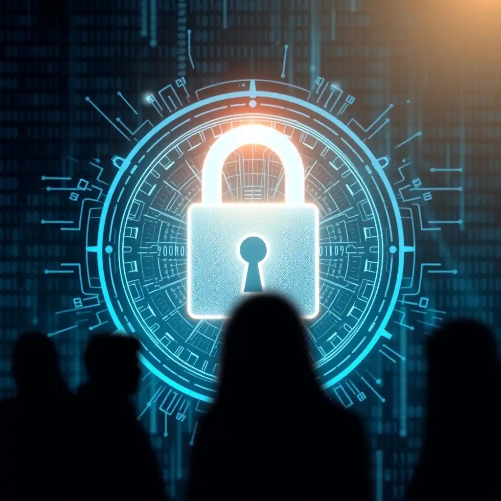 The glowing lock conforms to the encryption pattern surrounding the neighborhood, representing the protection of personal privacy. The glowing lock conforms to the encryption pattern surrounding the neighborhood, representing the protection of personal privacy.