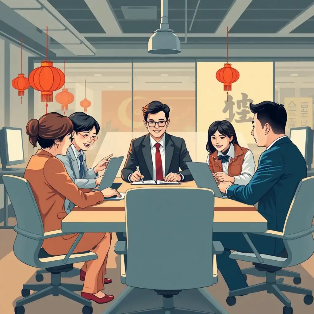 A foreign professional and his Chinese colleague look close as they collaborate at a conference table in a modern office. A foreign professional and his Chinese colleague look close as they collaborate at a conference table in a modern office.